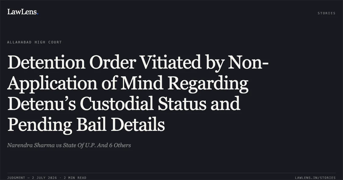 Detention Order Vitiated by Non-Application of Mind Regarding Detenu’s Custodial Status and Pending Bail Details. Narendra Sharma vs State Of U.P. And 6 Others. Allahabad High Court. LawLens