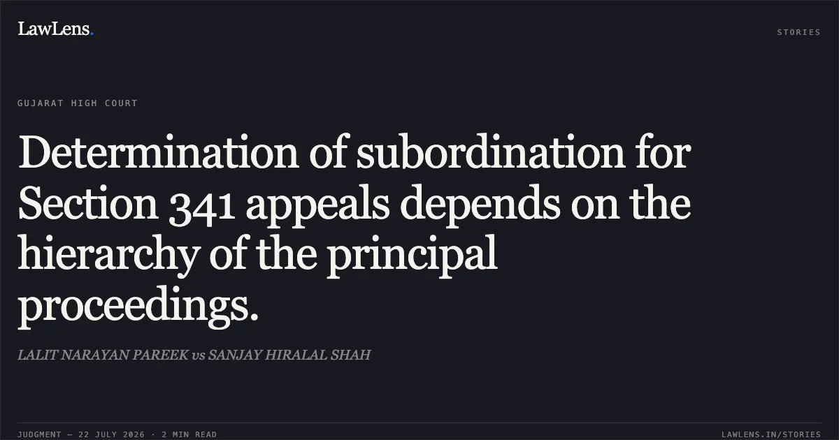 Determination of subordination for Section 341 appeals depends on the hierarchy of the principal proceedings.. LALIT NARAYAN PAREEK vs SANJAY HIRALAL SHAH. Gujarat High Court. LawLens