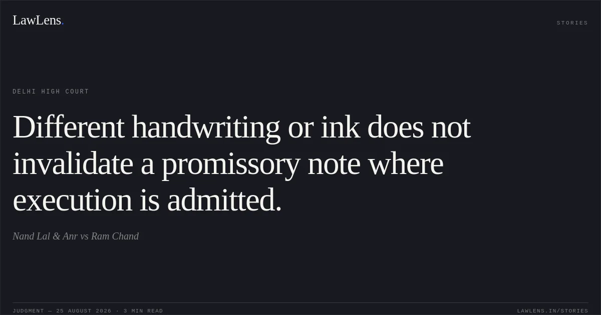 Different handwriting or ink does not invalidate a promissory note where execution is admitted.. Nand Lal & Anr vs Ram Chand. Delhi High Court. LawLens