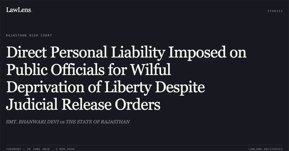 Direct Personal Liability Imposed on Public Officials for Wilful Deprivation of Liberty Despite Judicial Release Orders. SMT. BHANWARI DEVI vs THE STATE OF RAJASTHAN. Rajasthan High Court. LawLens