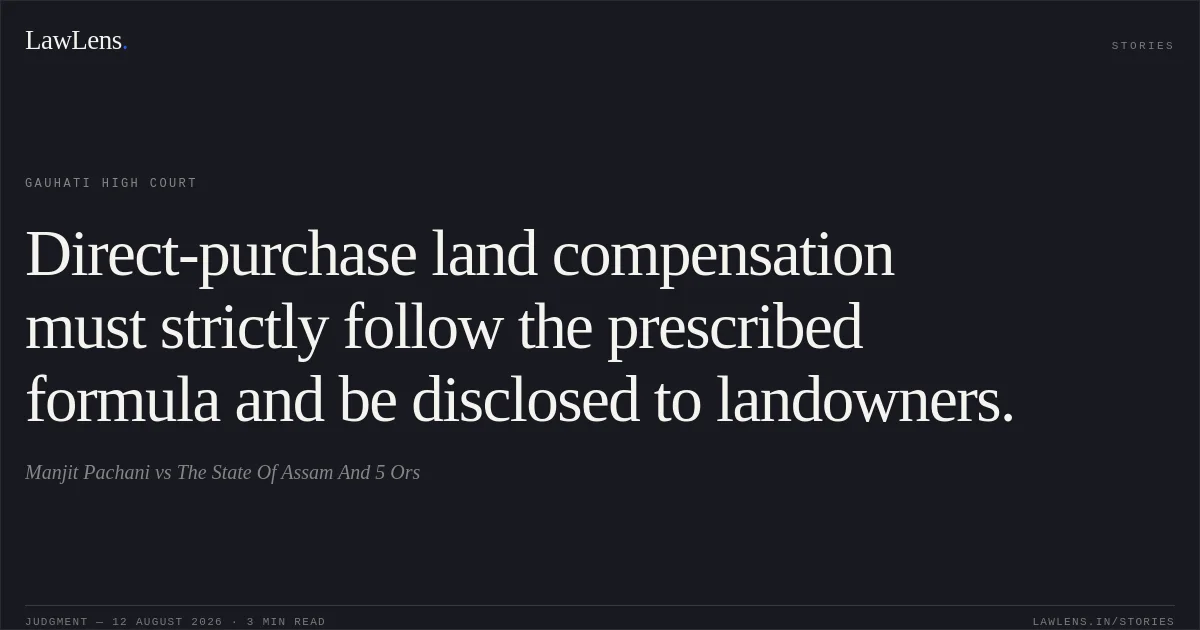 Direct-purchase land compensation must strictly follow the prescribed formula and be disclosed to landowners.. Manjit Pachani vs The State Of Assam And 5 Ors. Gauhati High Court. LawLens