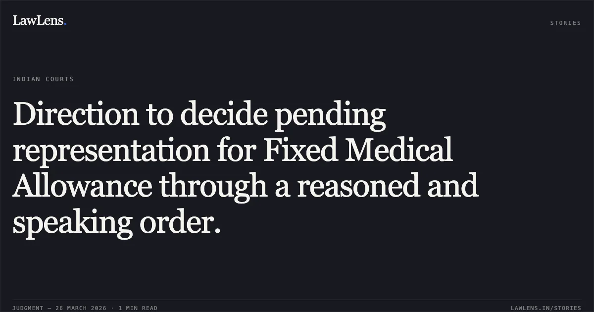 Direction to decide pending representation for Fixed Medical Allowance through a reasoned and speaking order.. Smt Shyamali Das vs EASTERN RAILWAY. CAT - Kolkata. LawLens