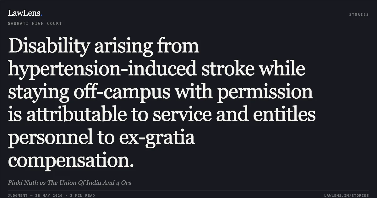 Disability arising from hypertension-induced stroke while staying off-campus with permission is attributable to service and entitles personnel to ex-gratia compensation.. Pinki Nath vs The Union Of India And 4 Ors. Gauhati High Court. LawLens