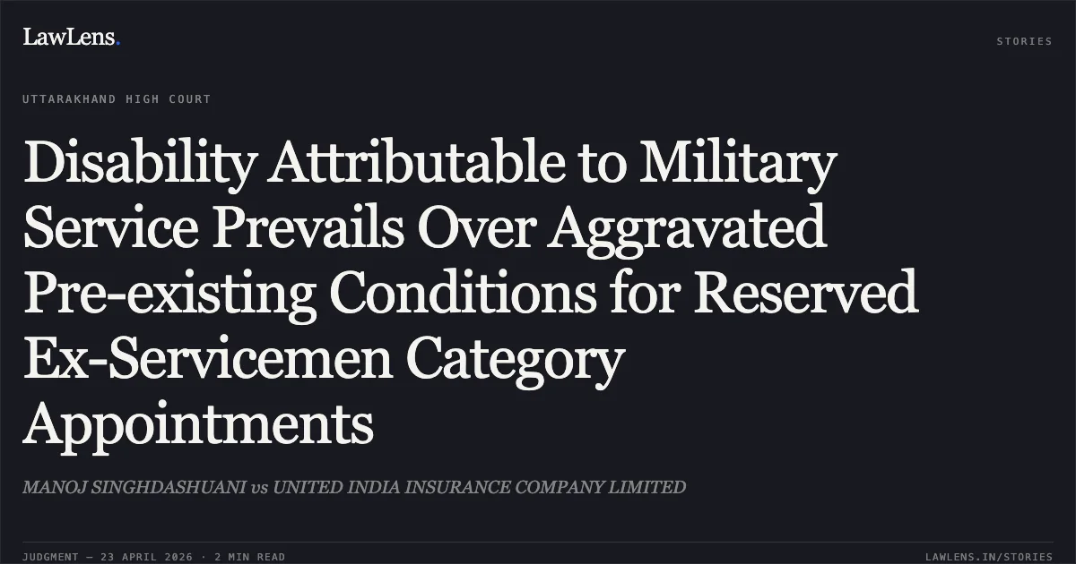 Disability Attributable to Military Service Prevails Over Aggravated Pre-existing Conditions for Reserved Ex-Servicemen Category Appointments. MANOJ SINGHDASHUANI vs UNITED INDIA INSURANCE COMPANY LIMITED. Uttarakhand High Court. LawLens