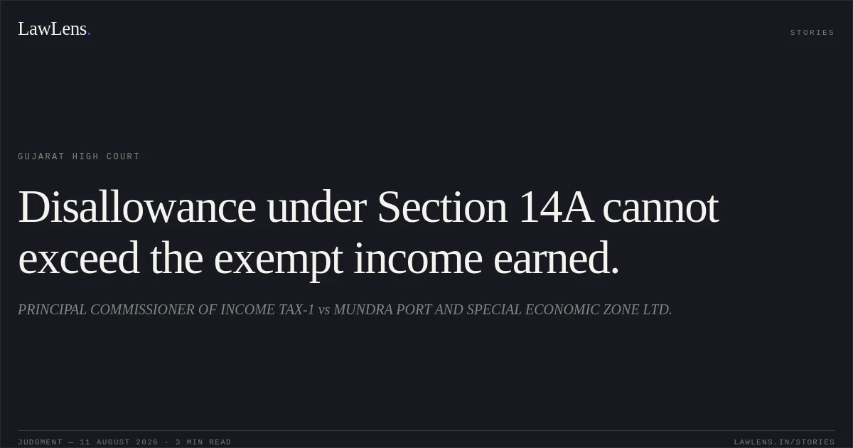 Disallowance under Section 14A cannot exceed the exempt income earned.. PRINCIPAL COMMISSIONER OF INCOME TAX-1 vs MUNDRA PORT AND SPECIAL ECONOMIC ZONE LTD.. Gujarat High Court. LawLens