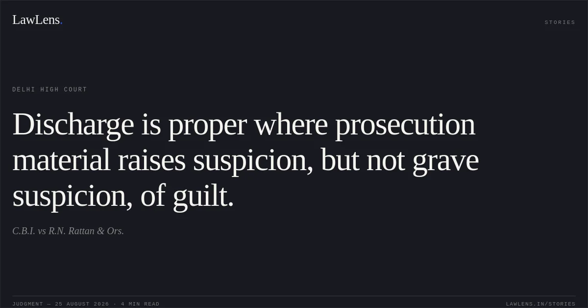 Discharge is proper where prosecution material raises suspicion, but not grave suspicion, of guilt.. C.B.I. vs R.N. Rattan & Ors.. Delhi High Court. LawLens