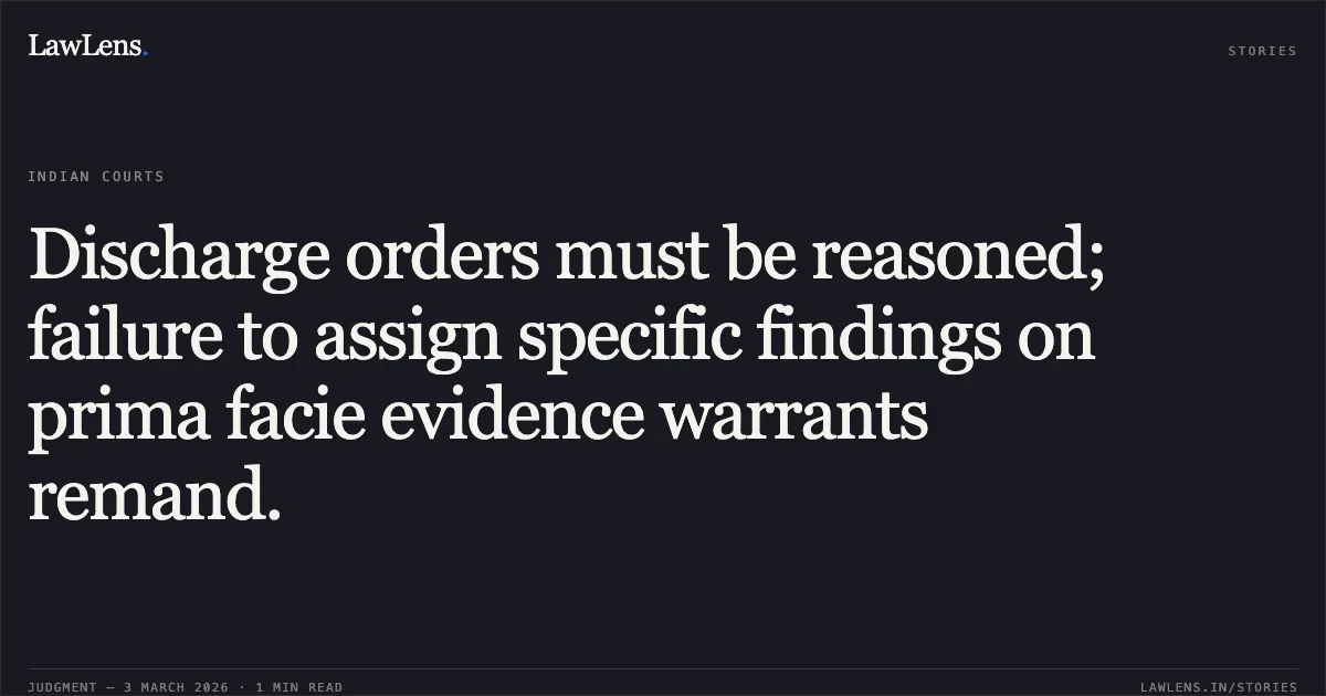 Discharge orders must be reasoned; failure to assign specific findings on prima facie evidence warrants remand.. Tushar Prakashchandra Modi v. State of Gujarat & Anr. [R/Criminal Revision Application No. 618 of 2025]. Gujarat High Court. LawLens
