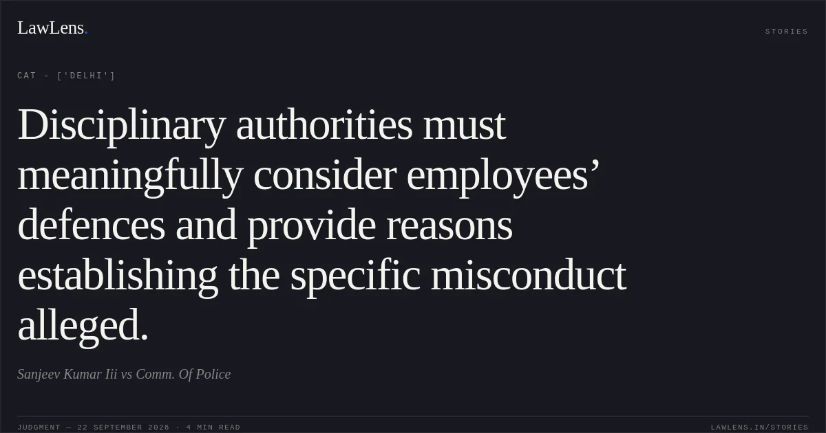 Disciplinary authorities must meaningfully consider employees’ defences and provide reasons establishing the specific misconduct alleged.. Sanjeev Kumar Iii vs Comm. Of Police. CAT - ['Delhi']. LawLens