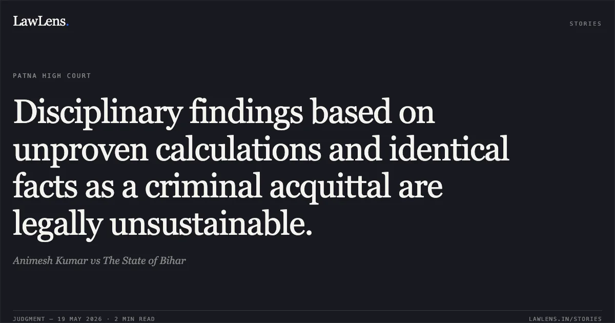Disciplinary findings based on unproven calculations and identical facts as a criminal acquittal are legally unsustainable.. Animesh Kumar vs The State of Bihar. Patna High Court. LawLens