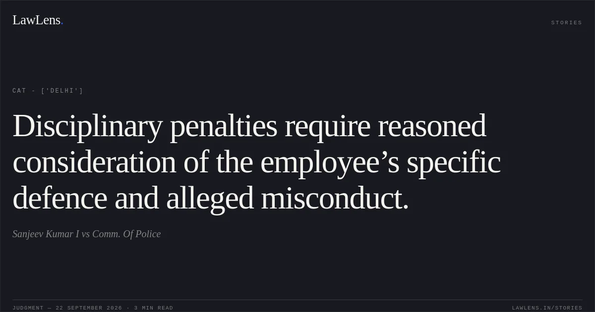 Disciplinary penalties require reasoned consideration of the employee’s specific defence and alleged misconduct.. Sanjeev Kumar  I vs Comm. Of Police. CAT - ['Delhi']. LawLens