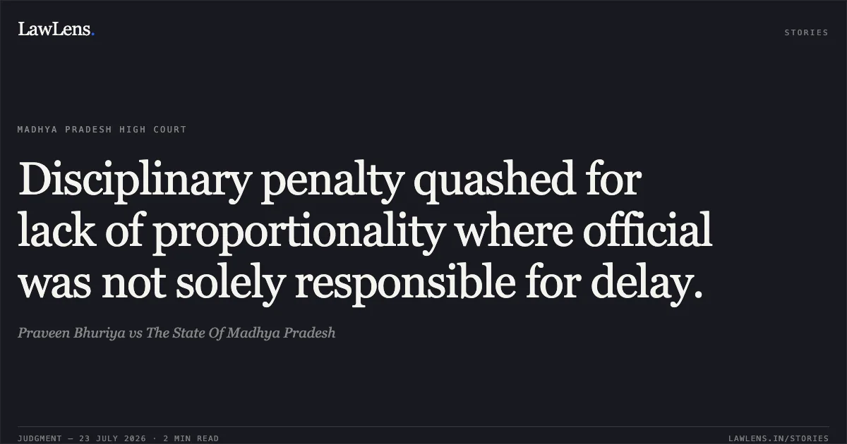 Disciplinary penalty quashed for lack of proportionality where official was not solely responsible for delay.. Praveen Bhuriya vs The State Of Madhya Pradesh. Madhya Pradesh High Court. LawLens