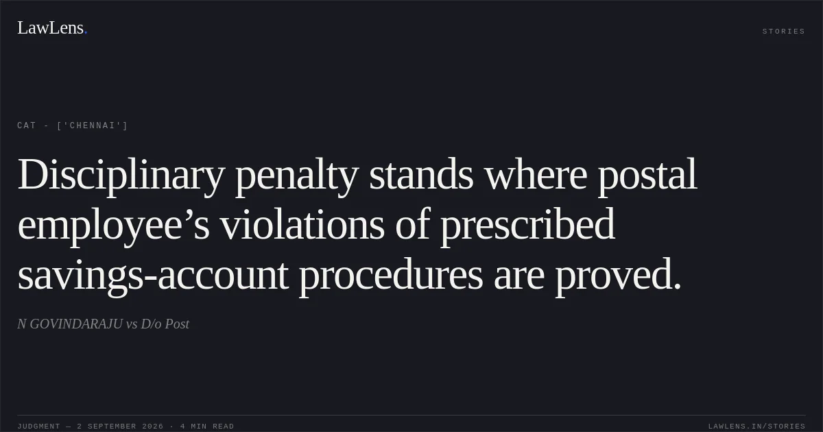 Disciplinary penalty stands where postal employee’s violations of prescribed savings-account procedures are proved.. N GOVINDARAJU vs D/o Post. CAT - ['Chennai']. LawLens