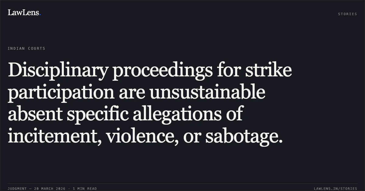 Disciplinary proceedings for strike participation are unsustainable absent specific allegations of incitement, violence, or sabotage.. AMIYA RANJAN DAS vs DEPARTMENT OF POSTS. Central Administrative Tribunal. LawLens