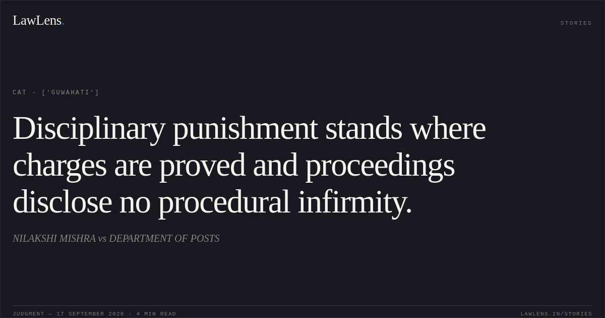 Disciplinary punishment stands where charges are proved and proceedings disclose no procedural infirmity.. NILAKSHI MISHRA vs DEPARTMENT OF POSTS. CAT - ['Guwahati']. LawLens