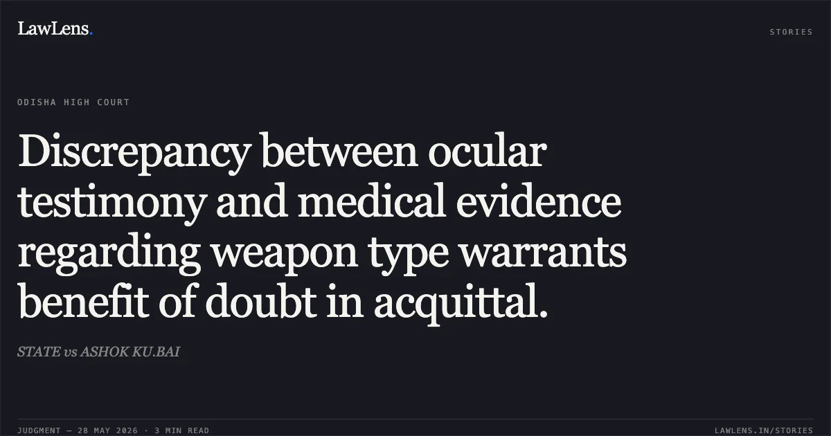 Discrepancy between ocular testimony and medical evidence regarding weapon type warrants benefit of doubt in acquittal.. STATE vs ASHOK KU.BAI. Odisha High Court. LawLens