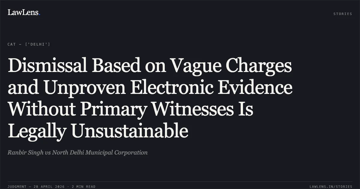 Dismissal Based on Vague Charges and Unproven Electronic Evidence Without Primary Witnesses Is Legally Unsustainable. Ranbir Singh vs North Delhi Municipal Corporation. Central Administrative Tribunal. LawLens
