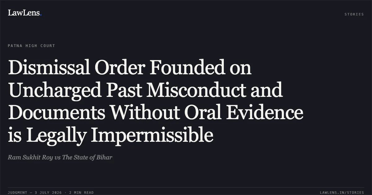 Dismissal Order Founded on Uncharged Past Misconduct and Documents Without Oral Evidence is Legally Impermissible. Ram Sukhit Roy vs The State of Bihar. Patna High Court. LawLens