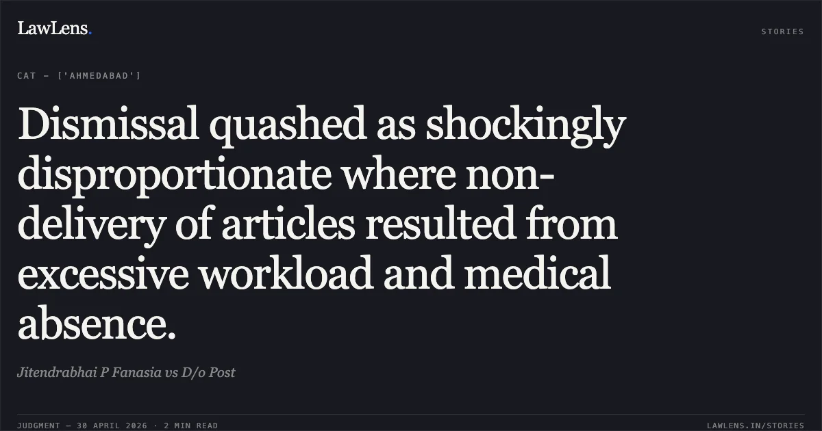 Dismissal quashed as shockingly disproportionate where non-delivery of articles resulted from excessive workload and medical absence.. Jitendrabhai P Fanasia vs D/o Post. Central Administrative Tribunal. LawLens