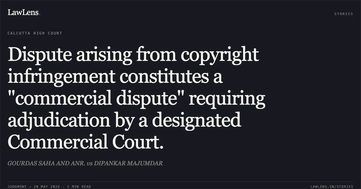 Dispute arising from copyright infringement constitutes a "commercial dispute" requiring adjudication by a designated Commercial Court.. GOURDAS SAHA AND ANR. vs DIPANKAR MAJUMDAR. Calcutta High Court. LawLens