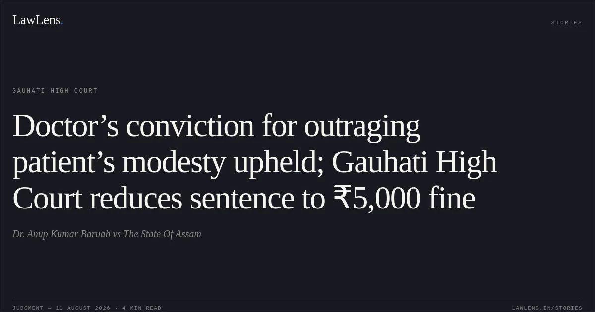 Doctor’s conviction for outraging patient’s modesty upheld; Gauhati High Court reduces sentence to ₹5,000 fine. Dr. Anup Kumar Baruah vs The State Of Assam. Gauhati High Court. LawLens