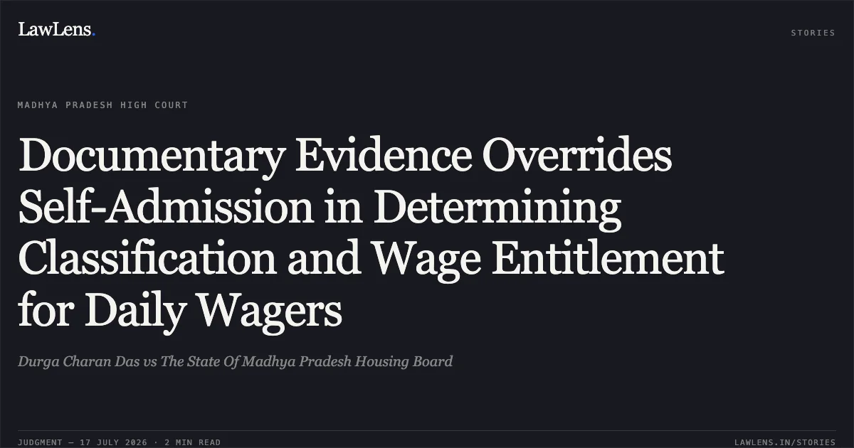 Documentary Evidence Overrides Self-Admission in Determining Classification and Wage Entitlement for Daily Wagers. Durga Charan Das vs The State Of Madhya Pradesh Housing Board. Madhya Pradesh High Court. LawLens