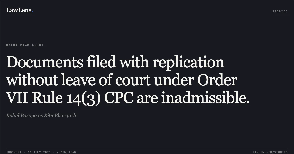 Documents filed with replication without leave of court under Order VII Rule 14(3) CPC are inadmissible.. Rahul Basoya vs Ritu Bhargarh. Delhi High Court. LawLens