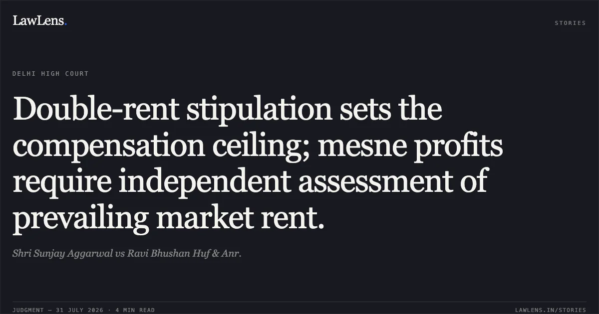 Double-rent stipulation sets the compensation ceiling; mesne profits require independent assessment of prevailing market rent.. Shri Sunjay Aggarwal vs Ravi Bhushan Huf & Anr.. Delhi High Court. LawLens