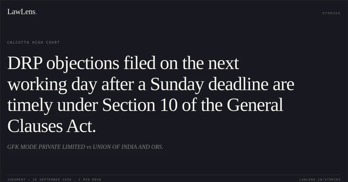 DRP objections filed on the next working day after a Sunday deadline are timely under Section 10 of the General Clauses Act.. GFK MODE PRIVATE LIMITED vs UNION OF INDIA AND ORS.. Calcutta High Court. LawLens