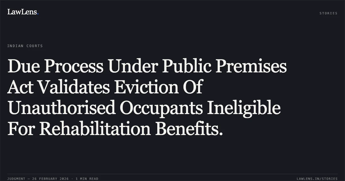 Due Process Under Public Premises Act Validates Eviction Of Unauthorised Occupants Ineligible For Rehabilitation Benefits.. Rajo Ransingh Tak v. The Union of India & Ors. [2026:BHC-OS:5286]. Bombay High Court. LawLens