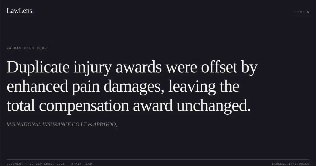 Duplicate injury awards were offset by enhanced pain damages, leaving the total compensation award unchanged.. M/S.NATIONAL INSURANCE CO.LT vs APPAVOO,. Madras High Court. LawLens