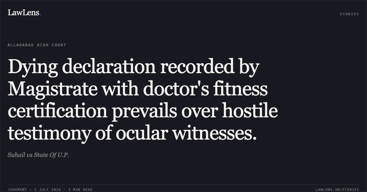 Dying declaration recorded by Magistrate with doctor's fitness certification prevails over hostile testimony of ocular witnesses.. Suhail vs State Of U.P.. Allahabad High Court. LawLens