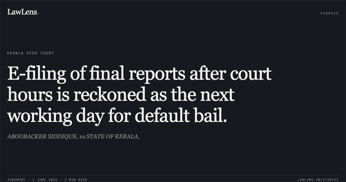 E-filing of final reports after court hours is reckoned as the next working day for default bail.. ABOOBACKER SIDDIQUE, vs STATE OF KERALA,. Kerala High Court. LawLens