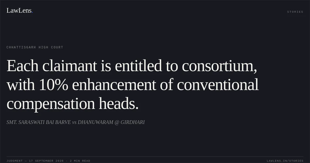 Each claimant is entitled to consortium, with 10% enhancement of conventional compensation heads.. SMT. SARASWATI BAI BARVE vs DHANUWARAM @ GIRDHARI. Chhattisgarh High Court. LawLens