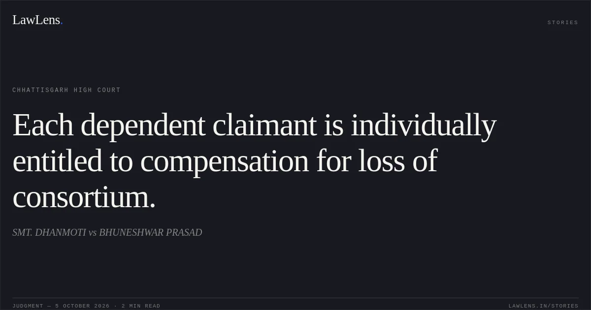 Each dependent claimant is individually entitled to compensation for loss of consortium.. SMT. DHANMOTI vs BHUNESHWAR PRASAD. Chhattisgarh High Court. LawLens
