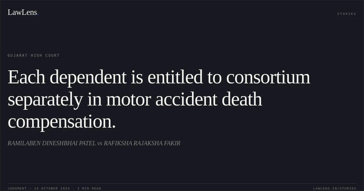 Each dependent is entitled to consortium separately in motor accident death compensation.. RAMILABEN DINESHBHAI PATEL vs RAFIKSHA RAJAKSHA FAKIR. Gujarat High Court. LawLens