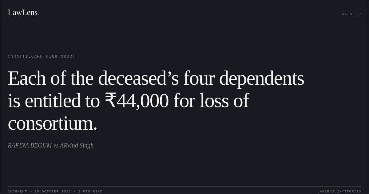 Each of the deceased’s four dependents is entitled to ₹44,000 for loss of consortium.. RAFINA BEGUM vs ARvind Singh. Chhattisgarh High Court. LawLens