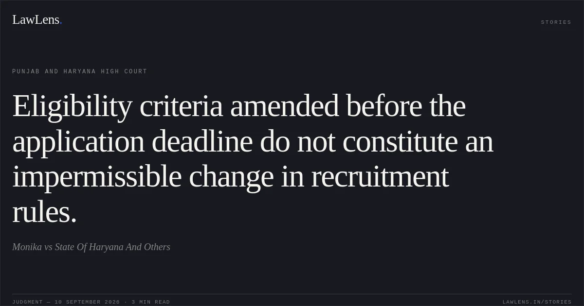 Eligibility criteria amended before the application deadline do not constitute an impermissible change in recruitment rules.. Monika vs State Of Haryana And Others. Punjab and Haryana High Court. LawLens