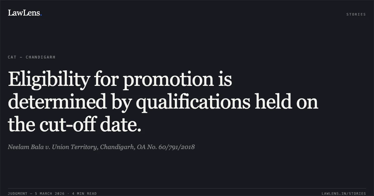 Eligibility for promotion is determined by qualifications held on the cut-off date.. Neelam Bala v. Union Territory, Chandigarh, OA No. 60/791/2018. Central Administrative Tribunal. LawLens
