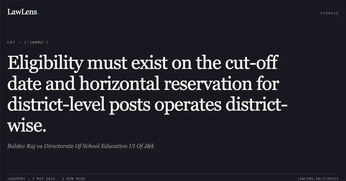 Eligibility must exist on the cut-off date and horizontal reservation for district-level posts operates district-wise.. Baldev Raj vs Directorate Of School Education Ut Of J&k. Central Administrative Tribunal. LawLens