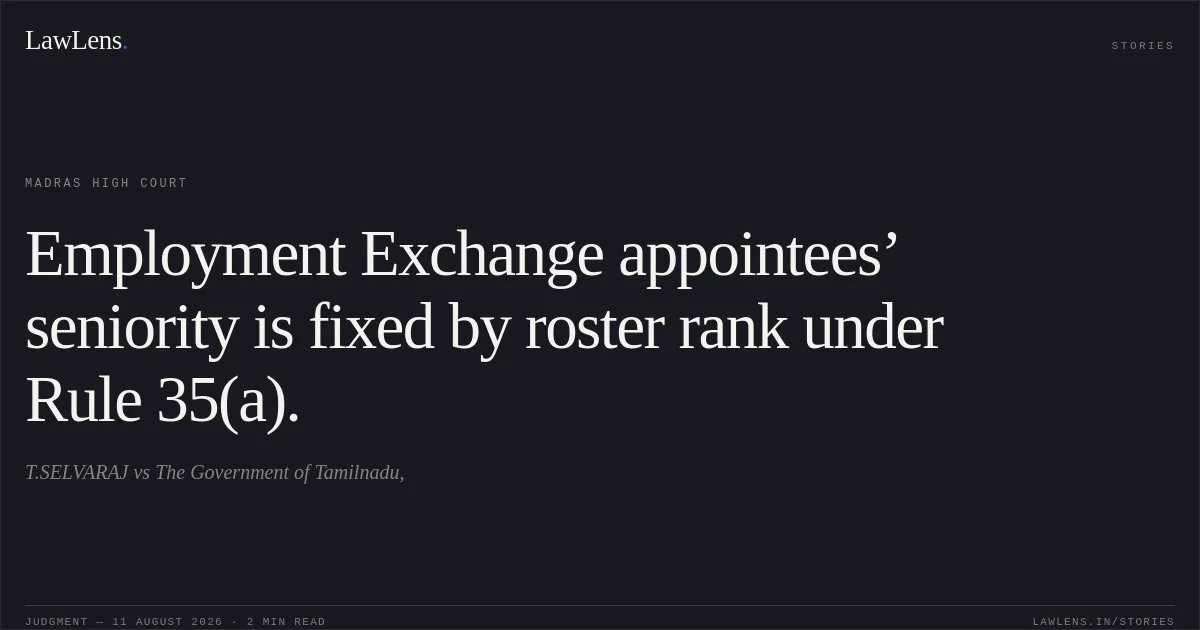 Employment Exchange appointees’ seniority is fixed by roster rank under Rule 35(a).. T.SELVARAJ vs The Government of Tamilnadu,. Madras High Court. LawLens