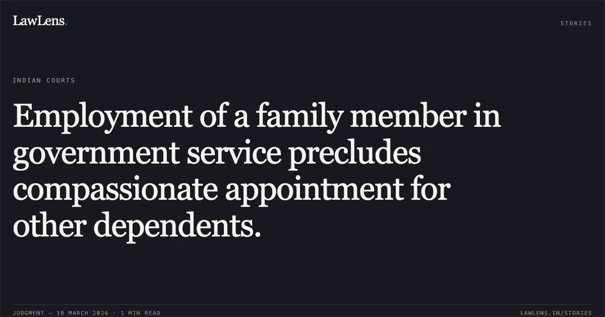Employment of a family member in government service precludes compassionate appointment for other dependents.. Mina Devi vs The State of Bihar. Patna High Court. LawLens