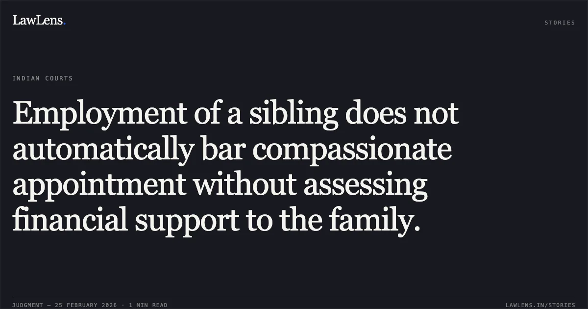 Employment of a sibling does not automatically bar compassionate appointment without assessing financial support to the family.. Dhiraj Kumar Henry v. The State of Bihar & Others [CWJC No. 13819 of 2023]. Patna High Court. LawLens