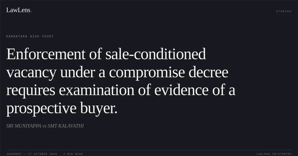 Enforcement of sale-conditioned vacancy under a compromise decree requires examination of evidence of a prospective buyer.. SRI MUNIYAPPA vs SMT KALAVATHI. Karnataka High Court. LawLens
