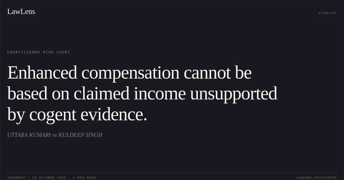 Enhanced compensation cannot be based on claimed income unsupported by cogent evidence.. UTTARA KUMARI vs KULDEEP SINGH. Chhattisgarh High Court. LawLens