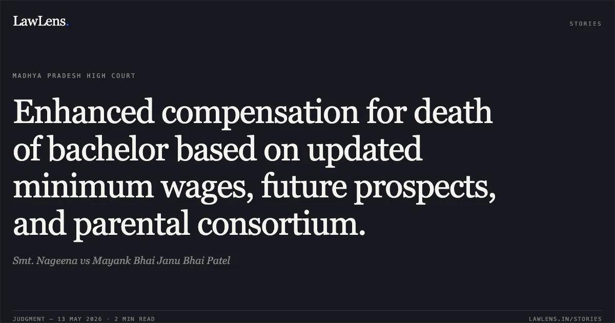 Enhanced compensation for death of bachelor based on updated minimum wages, future prospects, and parental consortium.. Smt. Nageena vs Mayank Bhai Janu Bhai Patel. Madhya Pradesh High Court. LawLens