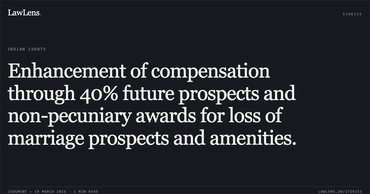Enhancement of compensation through 40% future prospects and non-pecuniary awards for loss of marriage prospects and amenities.. Ravinder Kumar v. Deepak Dahiya & Ors. and Sumit Kumar v. Deepak Dahiya & Ors. [MAC.APP. 153/2021]. Delhi High Court. LawLens