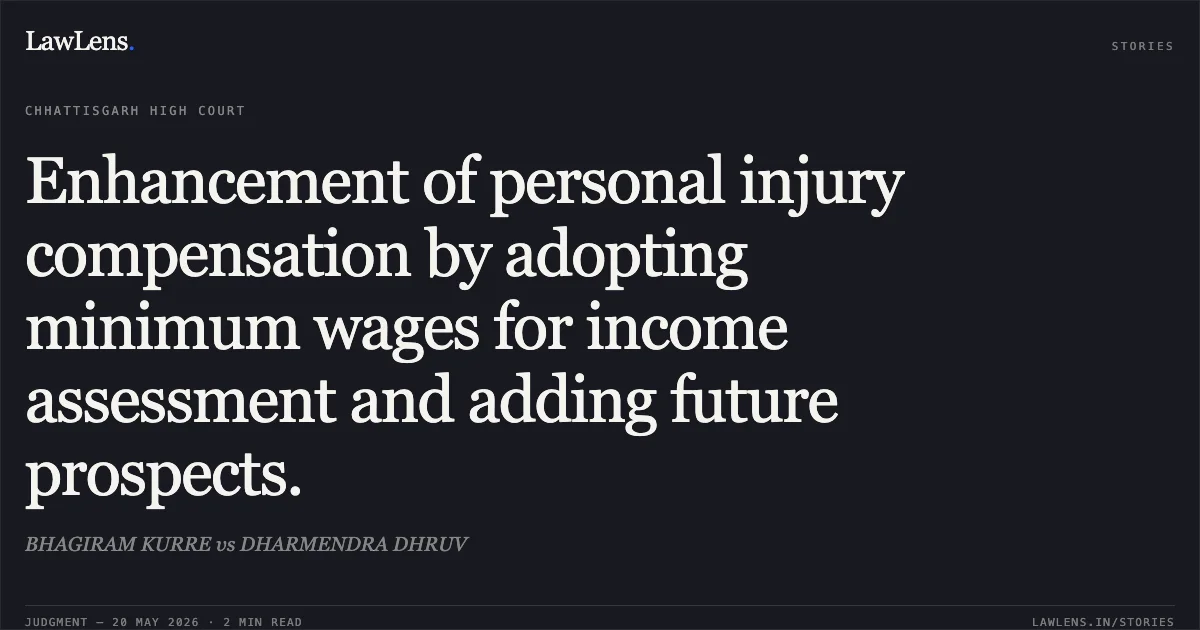 Enhancement of personal injury compensation by adopting minimum wages for income assessment and adding future prospects.. BHAGIRAM KURRE vs DHARMENDRA DHRUV. Chhattisgarh High Court. LawLens