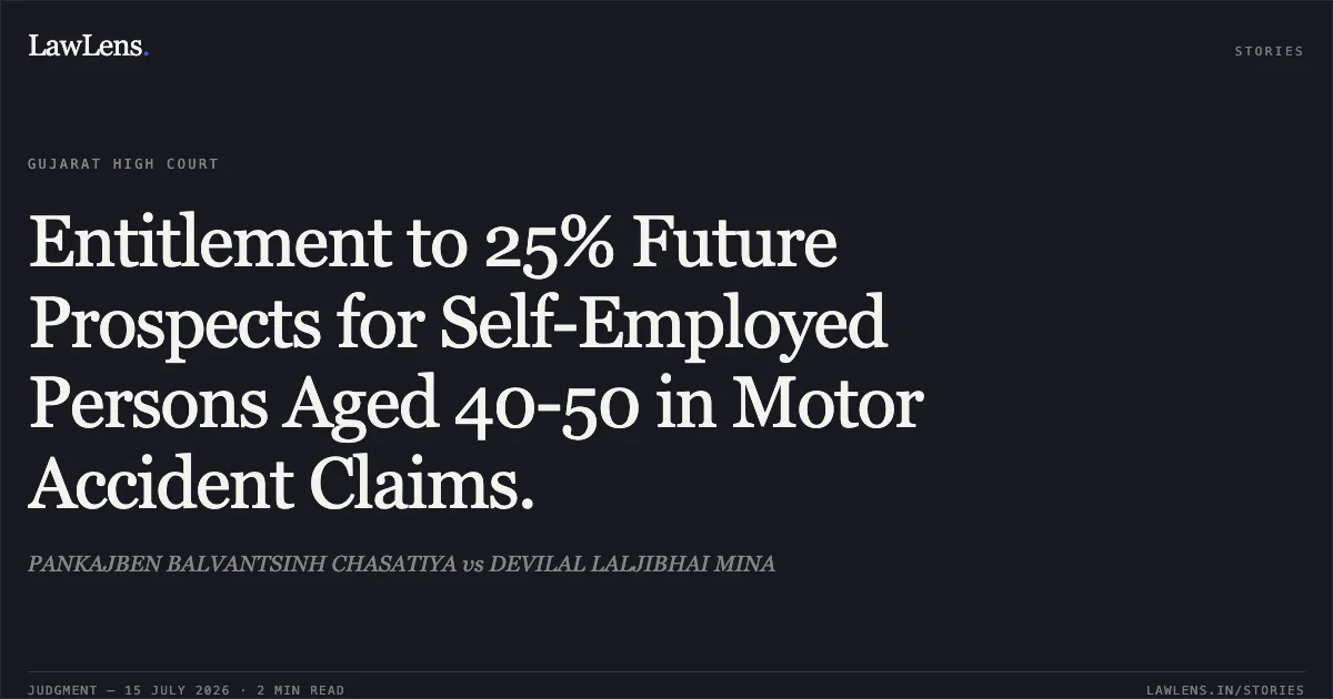 Entitlement to 25% Future Prospects for Self-Employed Persons Aged 40-50 in Motor Accident Claims.. PANKAJBEN BALVANTSINH CHASATIYA vs DEVILAL LALJIBHAI MINA. Gujarat High Court. LawLens