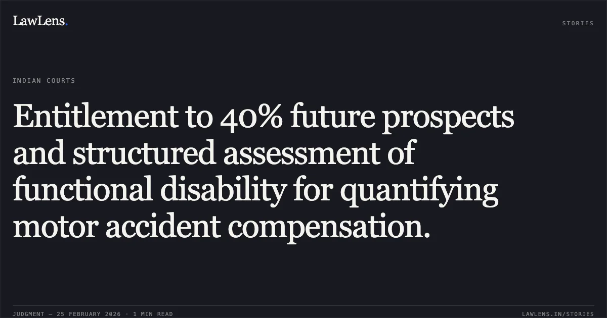 Entitlement to 40% future prospects and structured assessment of functional disability for quantifying motor accident compensation.. Pravinsinh Gopalji Jadeja v. Jalubha Pathuji Jadeja & Ors. [R/First Appeal No. 3664 of 2022]. Gujarat High Court. LawLens