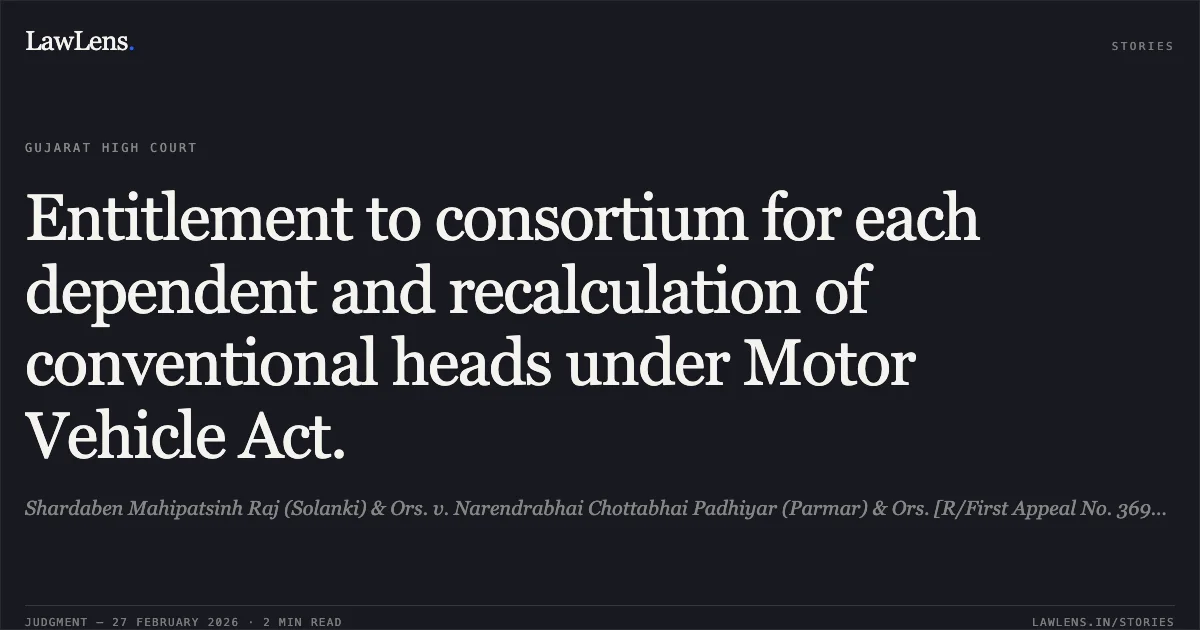 Entitlement to consortium for each dependent and recalculation of conventional heads under Motor Vehicle Act.. Shardaben Mahipatsinh Raj (Solanki) & Ors. v. Narendrabhai Chottabhai Padhiyar (Parmar) & Ors. [R/First Appeal No. 3699 of 2022]. Gujarat High Court. LawLens